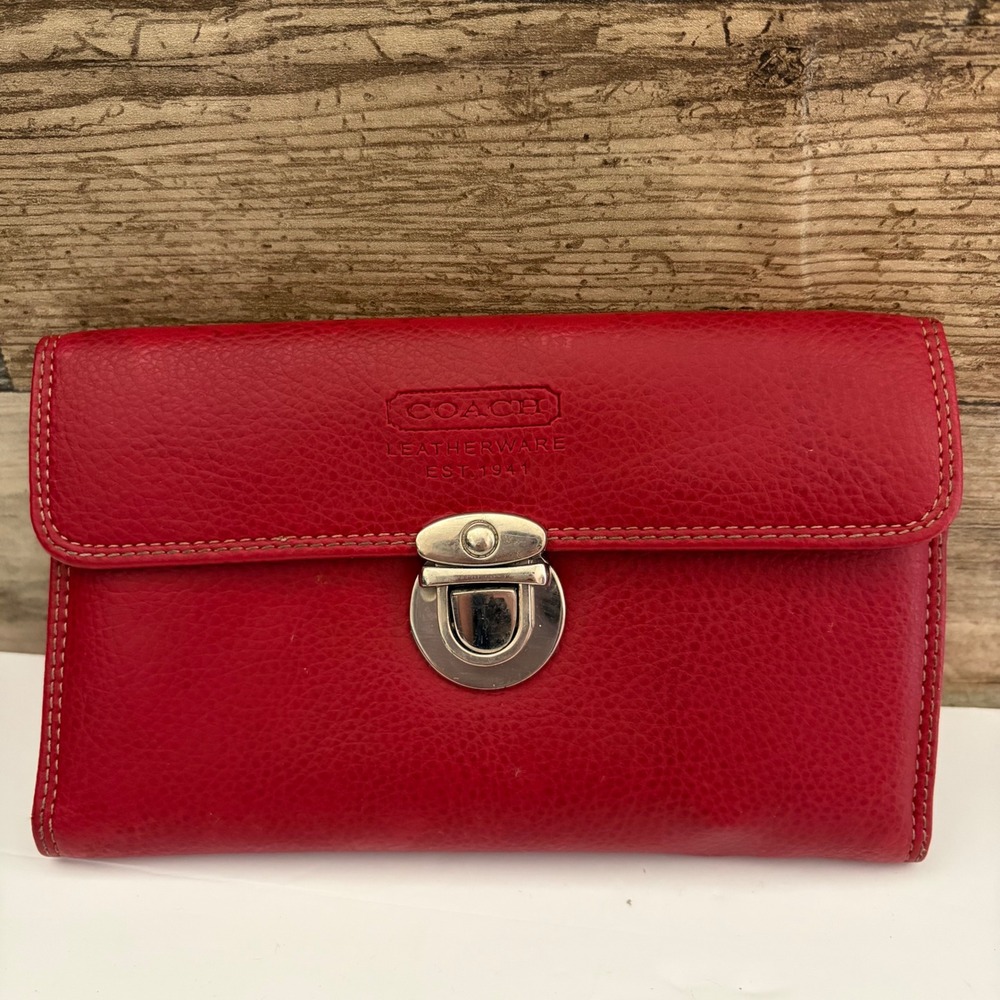 Coach Leatherware Est 1941 Red Pebbled Leather Tuck Lock Tri-Fold Wallet